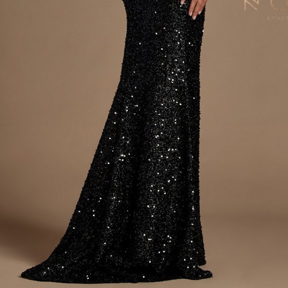 NEW ONE SHOULDER SEQUIN GOWN WITH CUT OUT DETAIL AND A SLIT ON SKIRT NXS1013 - Picture 7 of 8